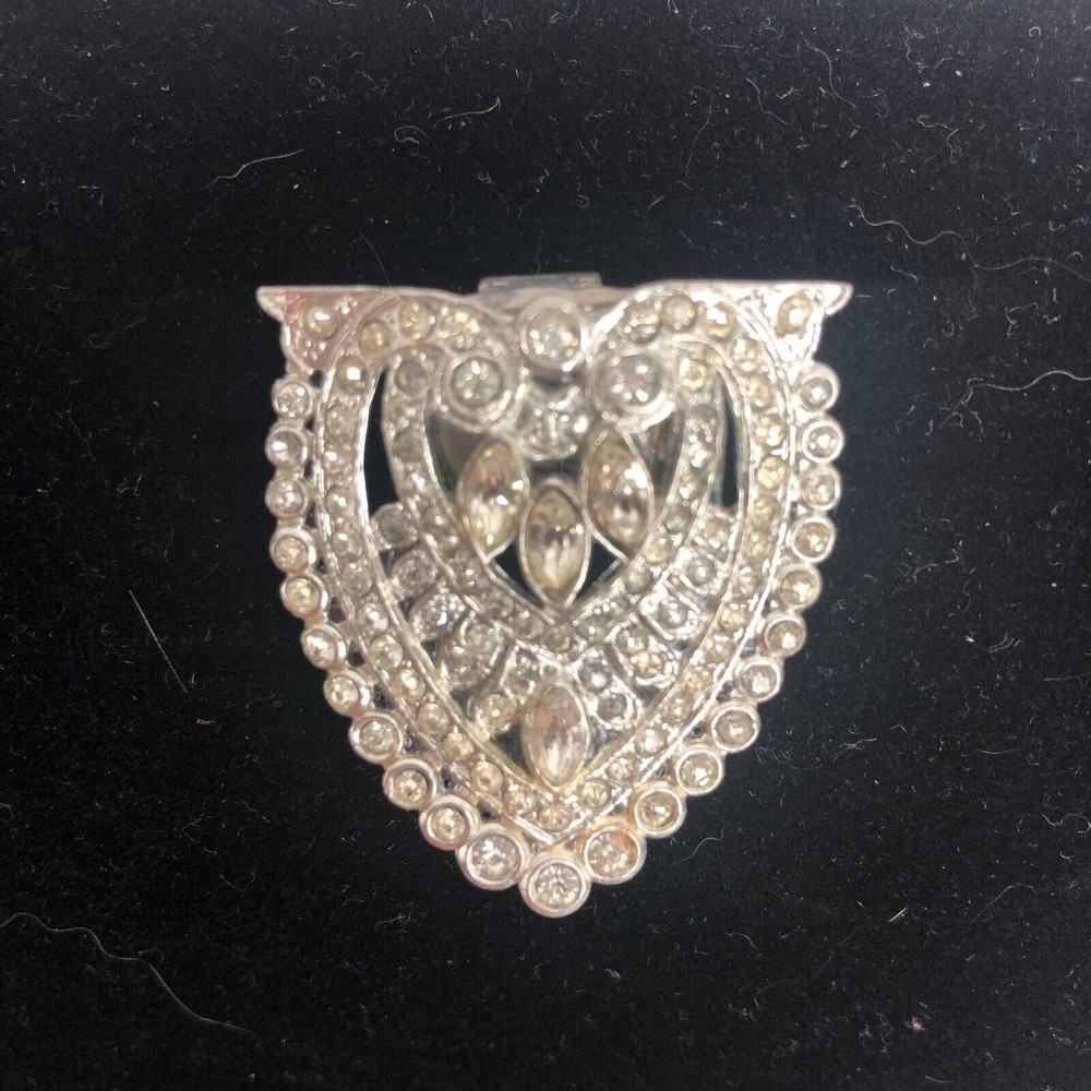 Vintage Art Deco Rhinestone Dress Clip Brooch Pat 1801 12 Clear Sparkling 1 1/2"